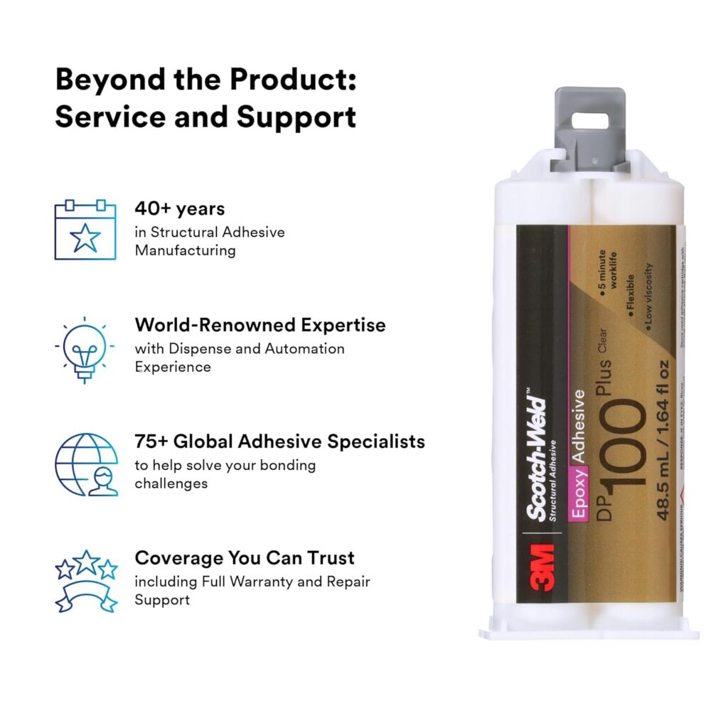 3M Scotch-Weld Epoxy Adhesive DP100 Plus, Clear, Professional Grade, Fast Handling and Cure, 48.5 mL (1.64 fl oz) Duo-Pak 3M Scotch-Weld Epoxy Adhesive DP100 Plus, Clear, Professional Grade, Fast Handling and Cure, 48.5 mL (1.64 fl oz) Duo-Pak
