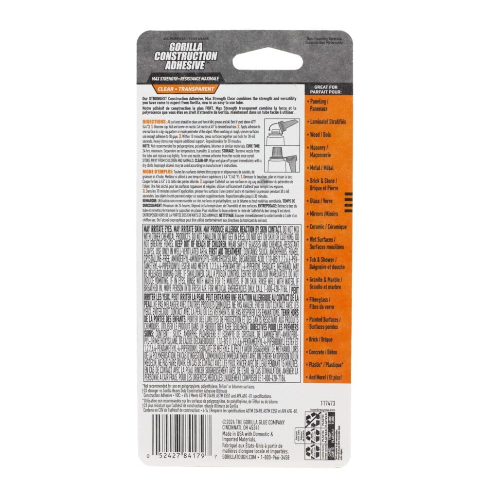 Gorilla Max Strength Construction Adhesive, Clear Glue, 2.5 Ounce Squeeze Tube (Pack of 1) - Gap Filling and Waterproof Gorilla Max Strength Construction Adhesive, Clear Glue, 2.5 Ounce Squeeze Tube (Pack of 1) - Gap Filling and Waterproof