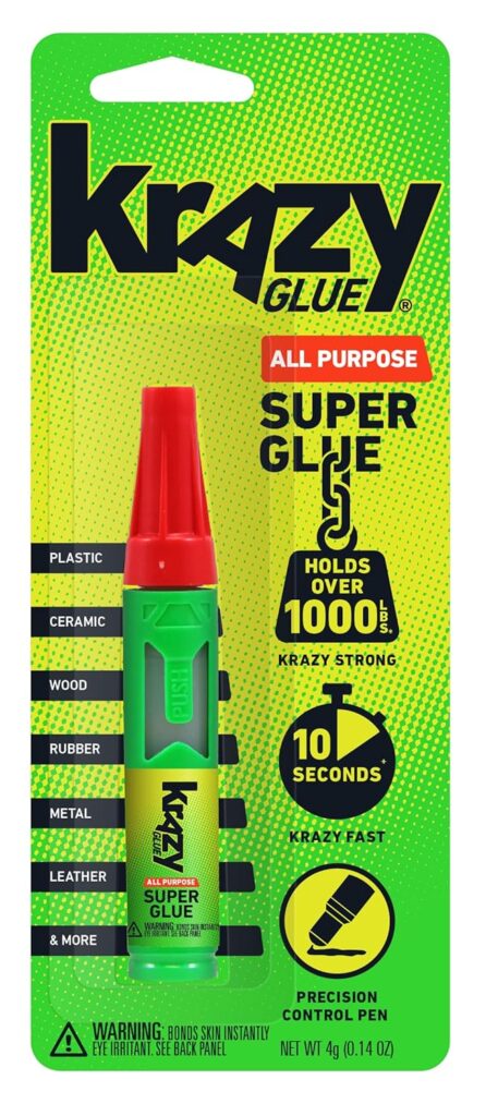 Krazy Glue All Purpose Precision Control Superglue Pen (4g), Clear, Fast-Drying Adhesive, One-Drop Applicator for Plastic, Ceramic, Wood, Rubber, Metal, Leather More Krazy Glue All Purpose Precision Control Superglue Pen (4g), Clear, Fast-Drying Adhesive, One-Drop Applicator for Plastic, Ceramic, Wood, Rubber, Metal, Leather More